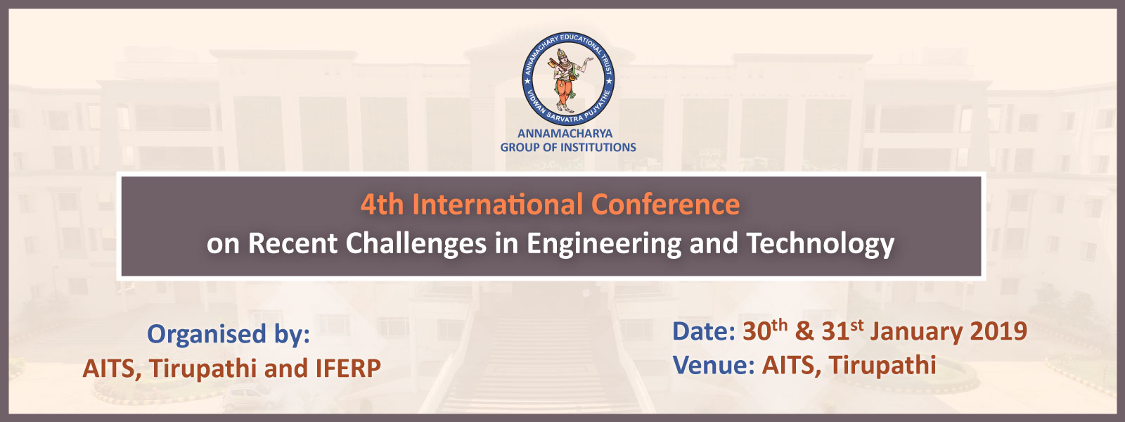 4th ICRCET on 30th and 31st January 2019 at AITS, Tirupathi